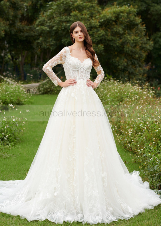 Long Sleeves Ivory Lace Tulle Fashionable Wedding Dress